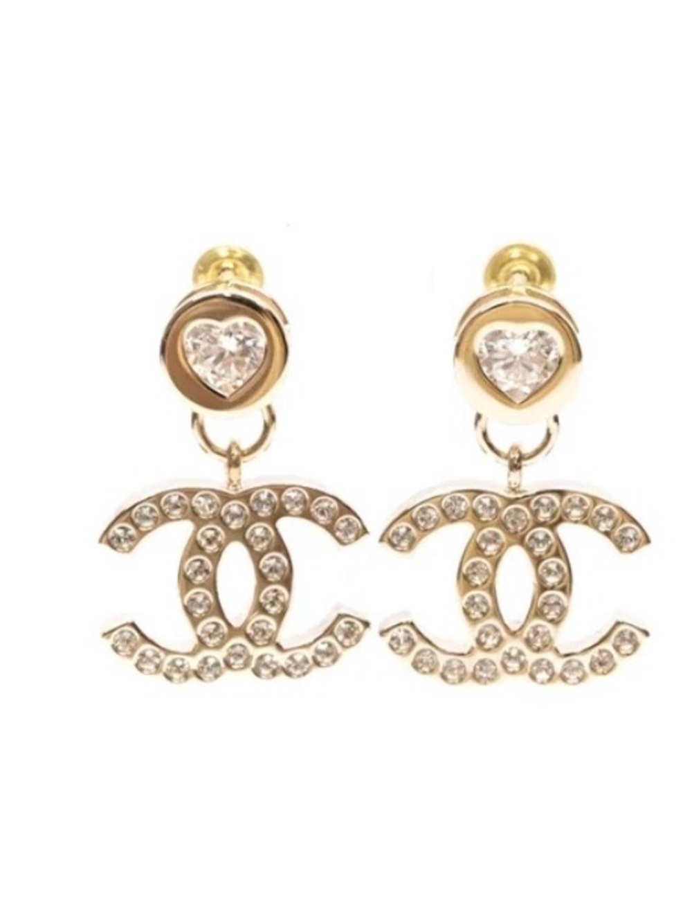 Double C Gold Crystal Logo Heart Drop Earrings